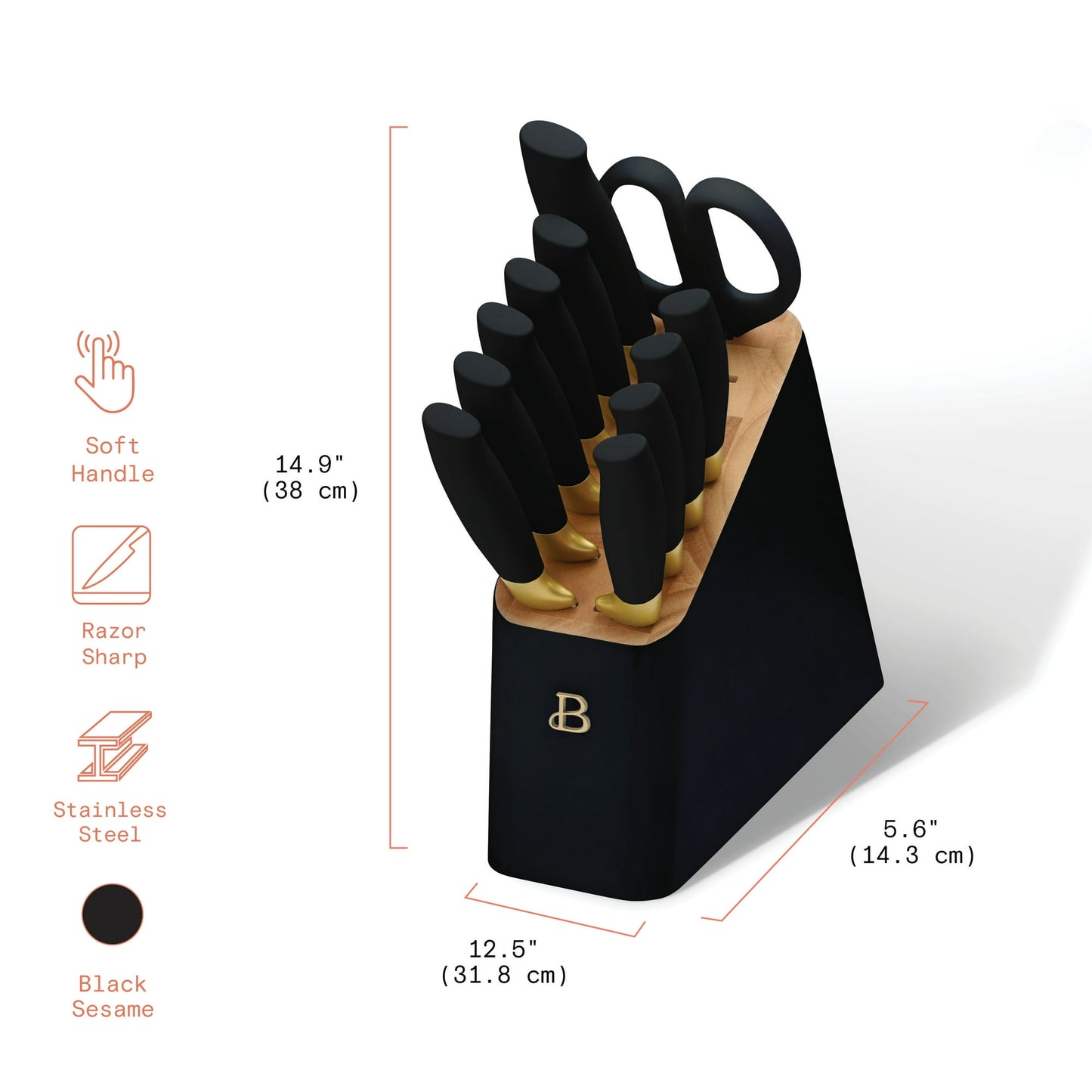 Beautiful 12 Piece Knife Block Set with Soft-Grip Ergonomic Handles