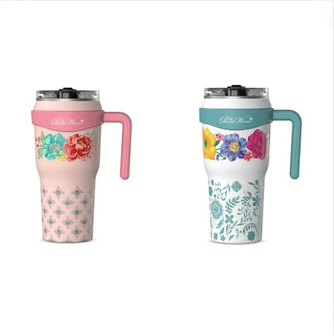 The Pioneer Woman 40 oz Fancy Flourish and Pioneer Woman 40 oz Brilliant Blooms Stainless Steel Insulated Tumblers Set Of 2, Floral