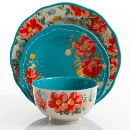 The Pioneer Woman Dinnerware Set Vintage Floral 12-Piece, Teal