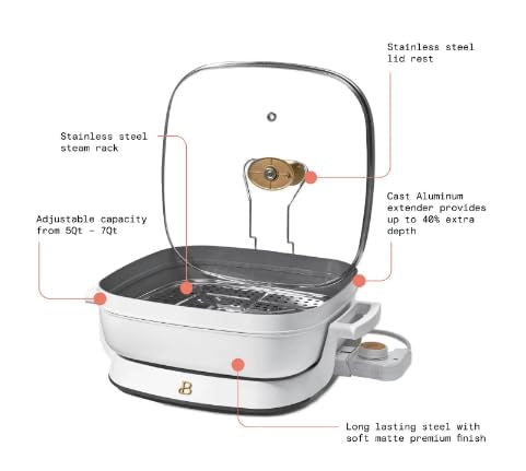 Beautiful 5 in 1 Electric Skillet - Expandable up to 7 Qt with Glass Lid, by Drew Barrymore