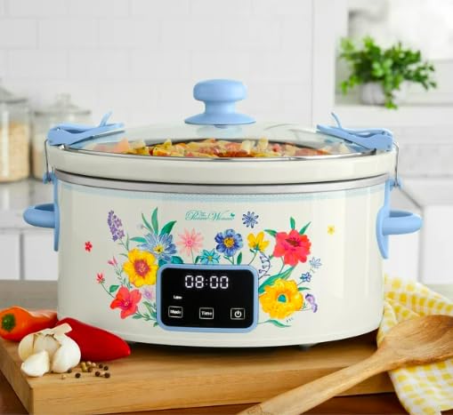 The Pioneer Woman 6 QT Slow Cooker, Locking Lid, Removable Crock, Digital, Brilliant Blooms