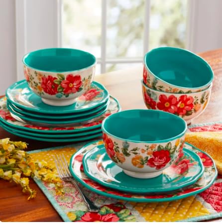 The Pioneer Woman Dinnerware Set Vintage Floral 12-Piece, Teal