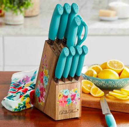 The Pioneer Woman Breezy Blossoms 11-Piece Stainless Steel Knife Block Set, Teal