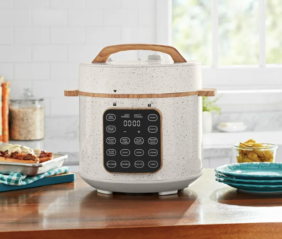 The Pioneer Woman 6 Qt Pressure Cooker,Linen Speckle,Wood Grain, Blinking Display, Touch Control