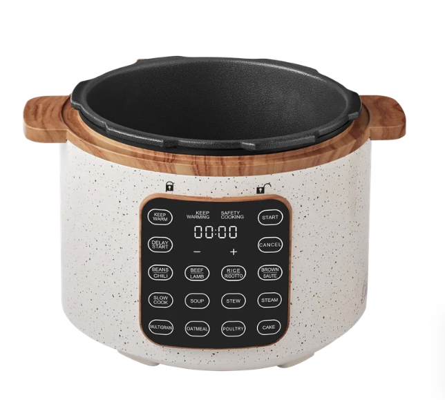 The Pioneer Woman 6 Qt Pressure Cooker,Linen Speckle,Wood Grain, Blinking Display, Touch Control