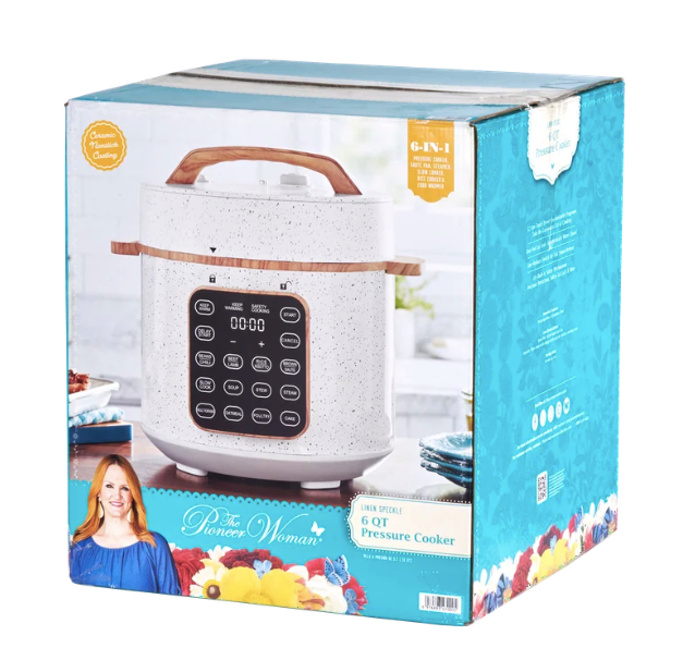 The Pioneer Woman 6 Qt Pressure Cooker,Linen Speckle,Wood Grain, Blinking Display, Touch Control